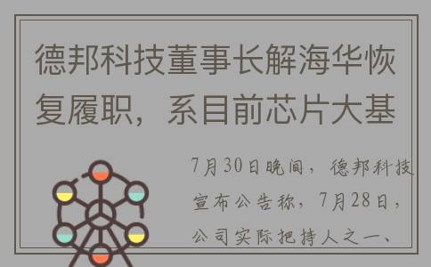 德邦科技董事长解海华恢复履职，系目前芯片大基金反腐风暴中首个成功脱身的董事长(德邦科技董事长解海华简历)