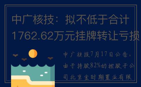 中广核技：拟不低于合计1762.62万元挂牌转让亏损子公司北京金时代82%股权及债权(中广核技术)