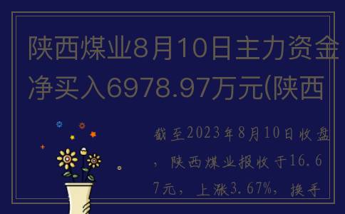 陕西煤业8月10日主力资金净买入6978.97万元(陕西煤业8月10日新闻)